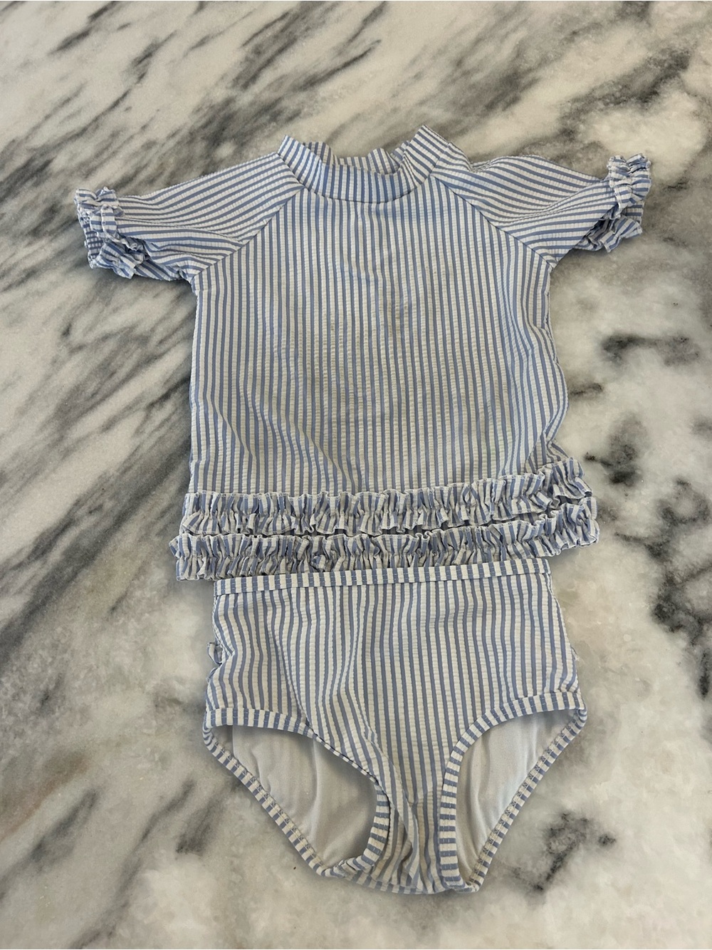 Ruffle Butts seersucker Blue & White Striped Ruffle Two-Piece Swim Set